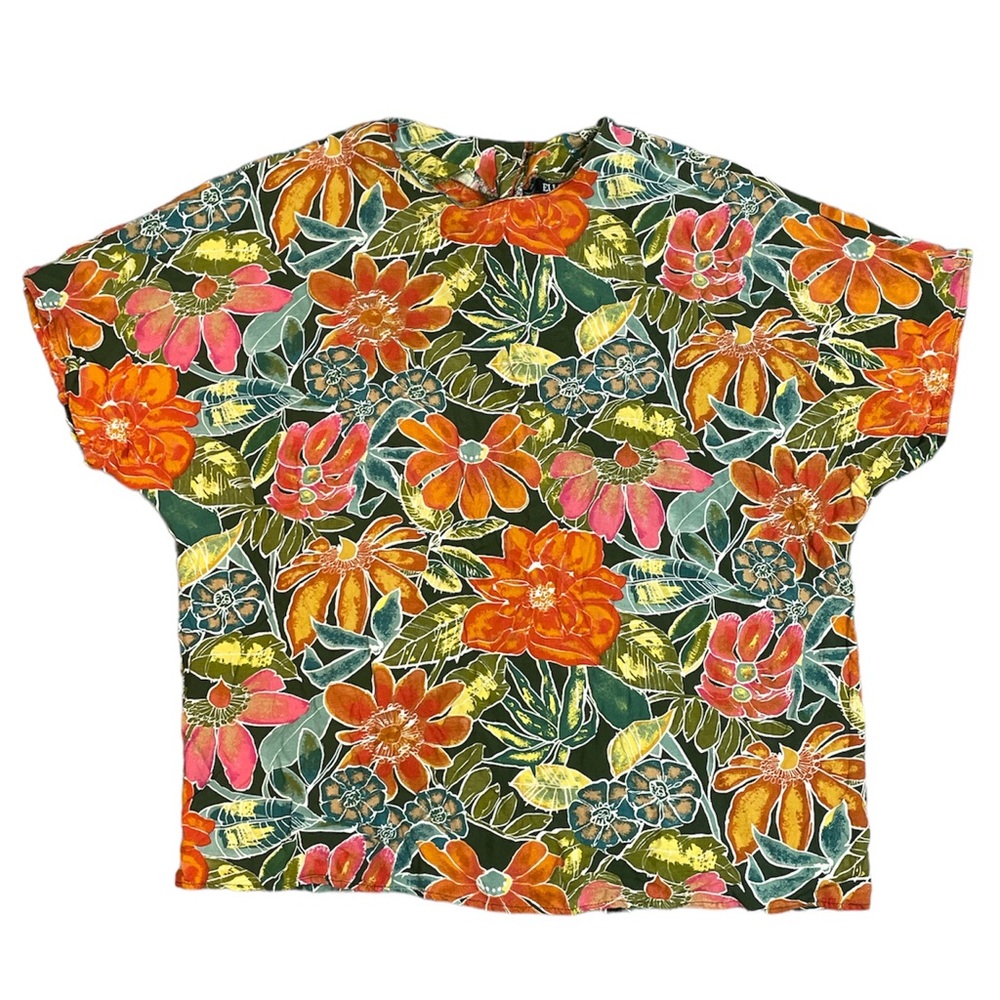 Vintage Ellen Figg Floral Hawaiian Short Sleeve Blouse Colorful Size 12